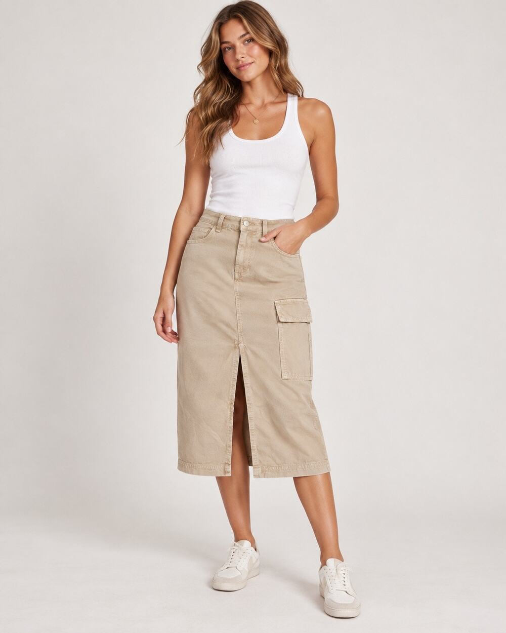 Y2K Cargo Boho Utility Free People Khaki 100% Cotton Midi Skirt 24 Gorpcore